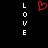 A black background displays vertical white text 'LOVE' on both sides with a red pixelated heart symbol in the center.