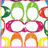 Pixelated floral design with four green circular shapes at top, two pink curved shapes in middle, and two orange arches at bottom, all on white background with colored border.