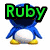Pixelated blue penguin with white belly and yellow feet stands against white background, green text "Ruby" above head.