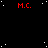 Black background with scattered white dots and red "M.C." text repeated across the , one gray square in bottom-right corner