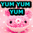 Pixelated pink axolotl with 'YUM YUM YUM' text above and below, holding a cupcake with colorful sprinkles against a pink background.
