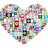 A heart-shaped collage of small images on a white background, with pixelated text in four sections on black backgrounds.