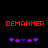 Red pixelated text 'DEMANER' appears above two of purple puzzle-piece shapes on a black background