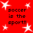 Red background with white star shapes and repeated black text reading "soccer is the sport!!" in four quadrants.