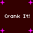 Dark red background with scattered pink plus-shaped stars and repeated white text 'Crank It!' in pixelated font.