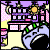 Animated pixel art of a blue cartoon character in red overalls with green accents, displaying various expressions and mouth shapes against a patterned background.