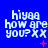 Blue background with white pixelated text reading 'hiya how are you? xx' and red symbols changing across frames.