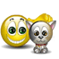 Yellow smiley face with green eyes and a gray cat wearing red collar, both in static poses