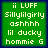 Green square with white pixelated text reading 'ii LUFF', 'Sillylilgirly', 'ashhhh', 'lil ducky', and 'hommie G' on a dark blue background.