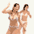 Two women in light blue bikini-style swimwear perform sequential dance poses against a plain white background.