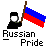Pixelated figure in black hooded garment holding Russian flag with snowflakes on gray background and "Russian Pride" text below.