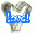A static icon with a heart-shaped silver metal design, blue 'Love!' text overlay, and peace symbol below.