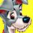 Pixelated close-up of a cartoon dog with large eyes and a wide smile against a bright yellow background.
