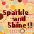Pixelated text 'Sparkle and Shine!!' on a patterned background with circular shapes in warm tones.