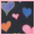 Pixelated static image of five heart-shaped icons in blue, pink, and orange against a dark background with light gray accents.