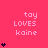 A static image with a bright pink background displays repeated text 'tay LOVES kaine' in light pink pixelated font, accompanied by vertical stacks of dark purple heart icons.