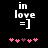 Black background with white text 'in love =]' and five pink heart symbols below, where the third heart is darker pink.