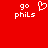 Red background with white pixelated text 'go phils' and a heart symbol on the left side, mirrored without the heart on the right.