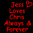 Red pixelated text on black background reads "Jess Loves Chris Always & Forever" with a heart symbol replacing the 'o' in "Loves".