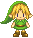 Pixel art contact sheet showing two frames of a green-clad character with blonde hair and pointed ears in different poses against gray background