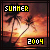 Pixelated beach scene with palm trees at sunset, text 'SUMMER' top and '2004' bottom, yellow and white lettering on black background.