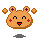 Four pixel-art depictions of a round orange character with purple ear spots, red cheek marks, and black eyes in various expressions against gray background.