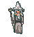 Pixelated character in gray robe and pointed hat holding staff, with color variations in hand props across frames.