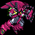 Pixelated 2-frame contact sheet of a pink and gray mecha character with glowing green accents, shown in two distinct poses against black background.