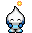 Pixel art character with white pointed head and closed eyes, wearing different colored outfits across frames while holding a small object.