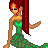 Pixel art mermaid icon with green tail and pink seashells arranged around text fragments on white background.