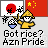 Pixel art buddy icon featuring a yellow-clad figure holding a rice bowl, with Japanese and Chinese flags in the background and text reading 'Got rice? Azn Pride' below.