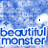 Blue and white animated icon with repeating text "beautiful monster" over a textured background, featuring small blue star-like shapes that shift position across frames.