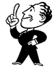 Black-and-white cartoon man in suit pointing up with index finger, standing with hand on hip across four sequential poses showing head rotation from left to right.