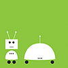 Two white pixel-art robots on a solid green background, one with antennae and a rectangular head, the other with a dome-shaped body and single antenna.