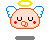 Pixelated angel icon with closed eyes, orange outline, yellow halo, blue wings, red cheeks, and a small mouth; four variations show eye-opening animation and floating hearts.