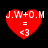 Four red heart-shaped icons with white text 'J.W+O.M = <3' on black background, two with pixelated edges and two with smooth edges.