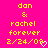 Yellow pixelated text on bright pink background reads 'don & rachel forever 2/24/09' with a white heart symbol at the bottom right.