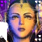 A pixelated character with golden hair and a forehead symbol, wearing dark clothing against a purple background with white and purple geometric shapes.