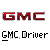 Pixelated text displays 'GMC' in red above 'GMC Driver' in black and white on a gray background.