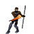 Animated sequence of a character in brown jacket and blue pants holding a pole, performing combat actions with orange energy effects.