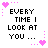 Pixelated text with pink heart accents, displaying evolving phrases about smiling and looking at someone