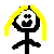 Pixelated stick figure with yellow hair and black body, displaying multiple text variations beneath it on a white background.