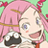 Pixelated anime-style icon of a character with pink hair and blue eyes holding a black-and-white object against a green background.