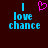 Pixelated text 'I love chance' in cyan with a pink heart symbol replacing the word 'love', displayed on dark red background.
