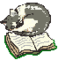 Pixelated cat curled on open book with green border, gray and white fur, closed eyes on left, yellow eyes on right.
