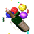 Animated sequence of a green bottle with brown cork and foil, surrounded by floating colored spheres on white background.