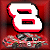 Four identical red square each display a large white number 8 with red outline and black inner details, arranged in a