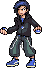 Pixel art character with blue hair and glasses, wearing a black jacket over blue shirt, green pants, and blue sneakers, holding two Poké Balls.