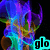 A pixelated abstract shape with swirling blue, purple, green, and brown hues displays three distinct text backgrounds: cyan, pink, and lime green.