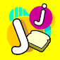 Yellow background with circular orange and cyan shapes, a large white 'J' character, a pink circle with white 'j', and a slice of bread with a knife spreading pink substance.